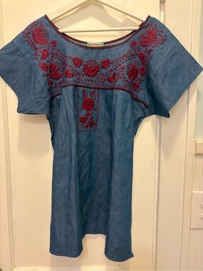 Nativa Embroidered Blue Denim Peasant Top with Maroon detail